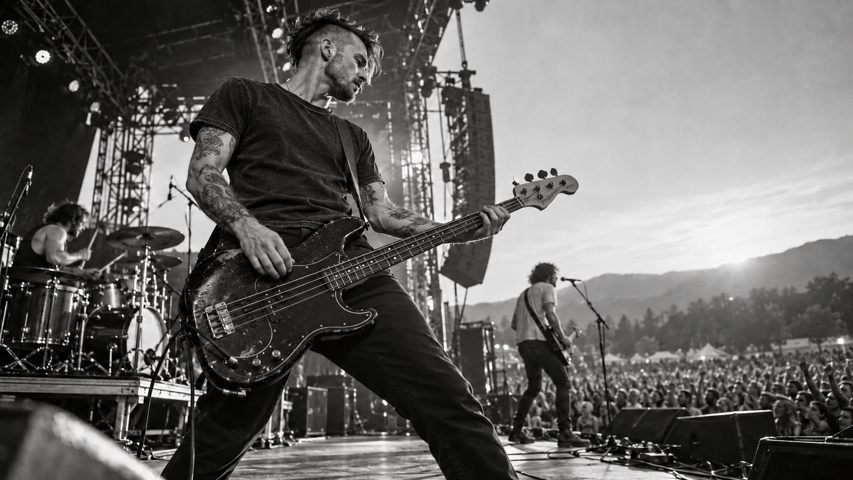 Fictional bassist and band performing for a live crowd